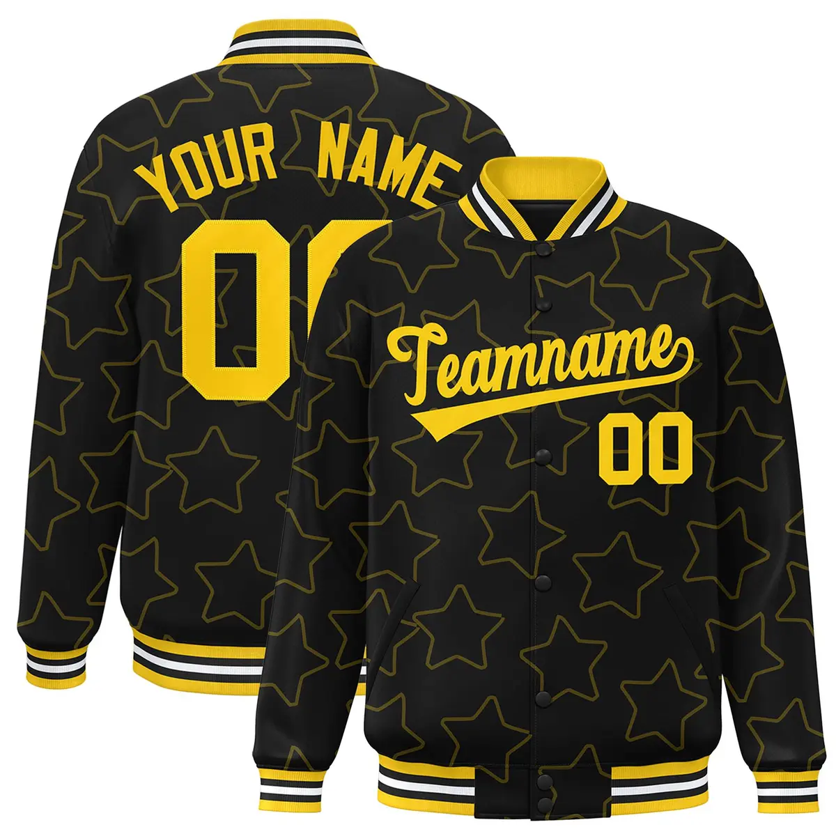 Black Gold Star Pattern Varsity Letterman Baseball Jacket