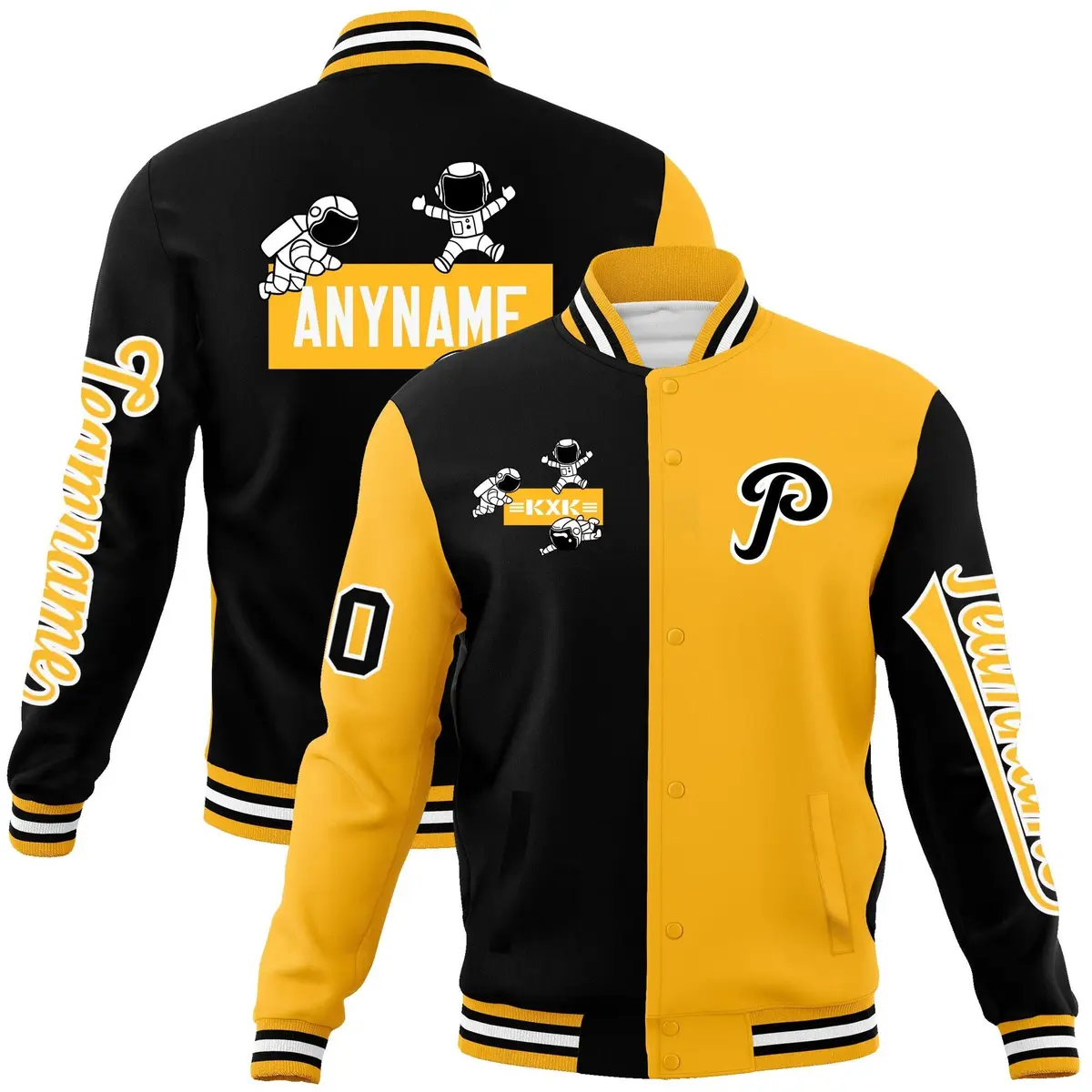 Black Gold Two Tone Split Varsity Full-Snap Raglan Letterman Jacket