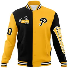 Black Gold Two Tone Split Varsity Full-Snap Raglan Letterman Jacket 5
