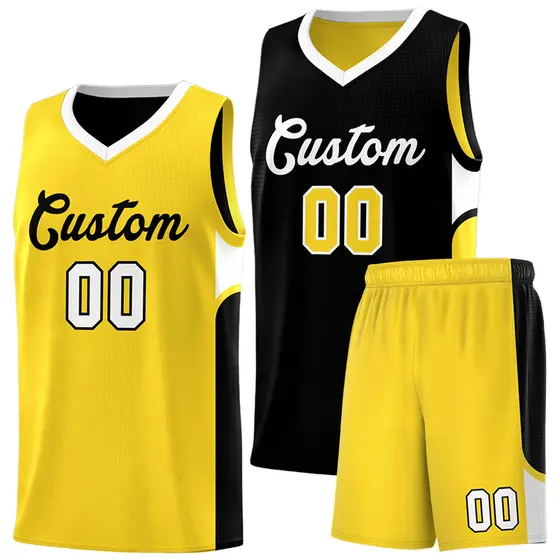 Black Gold U-shaped Side Pattern Double Side Basketball Jersey
