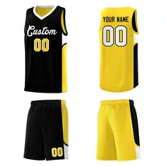 Black Gold U-shaped Side Pattern Double Side Basketball Jersey 5
