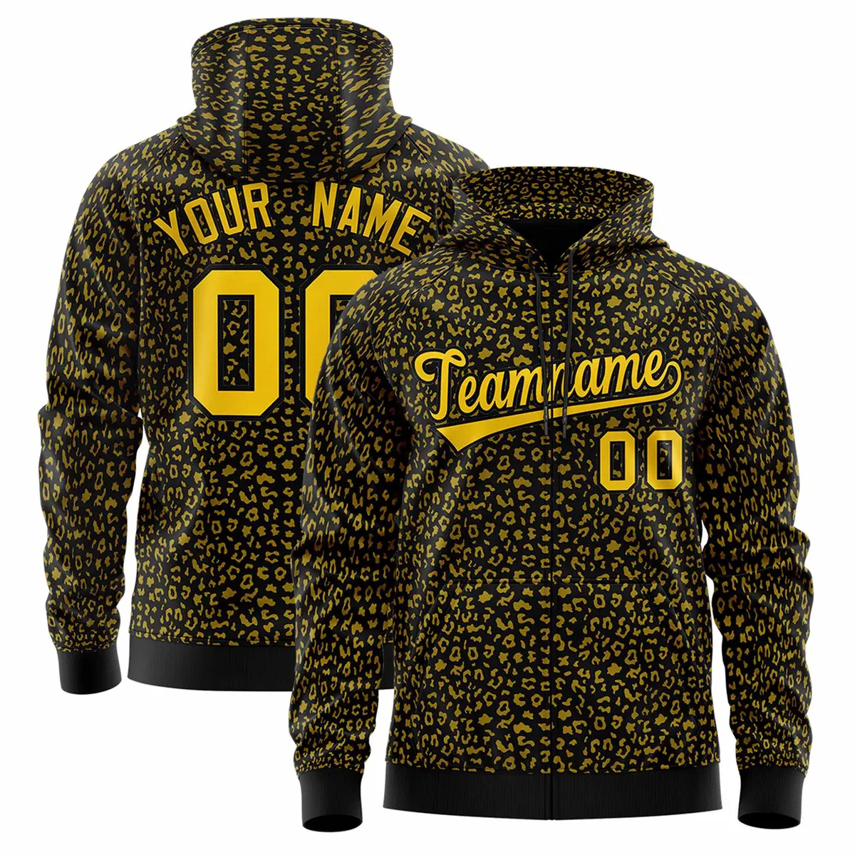 Black Gold Varsity Full-Zip Letterman Leopard Print Jacket Hoodie