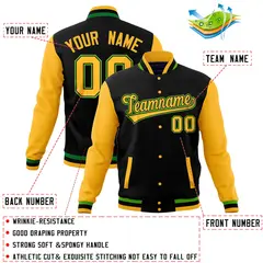 Black Gold Varsity Raglan Sleeves Letterman Baseball Jacket 4