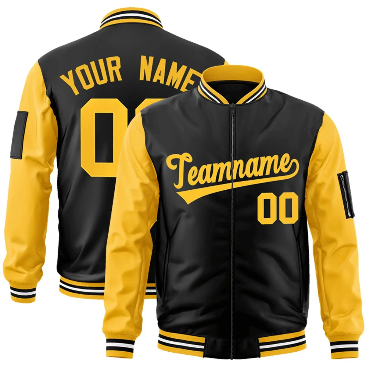Black Gold Varsity Raglan Sleeves Letterman Bomber Jacket