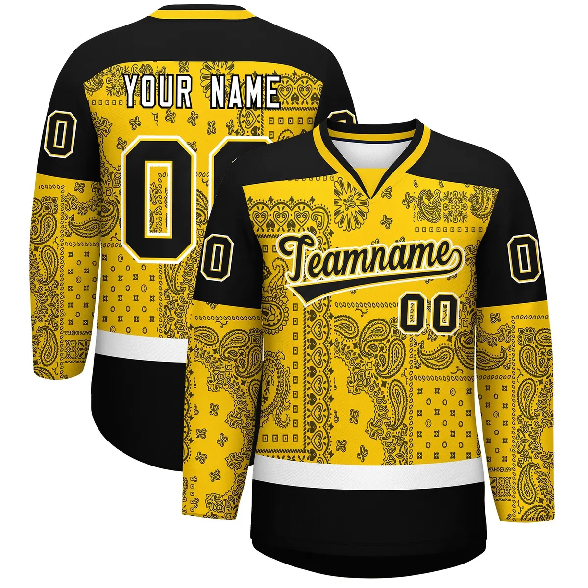 Black Gold White Cashew Flower Graffiti V-Neck Hockey Jersey