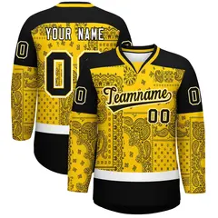 Black Gold White Cashew Flower Graffiti V-Neck Hockey Jersey 1