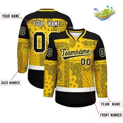 Black Gold White Cashew Flower Graffiti V-Neck Hockey Jersey 2