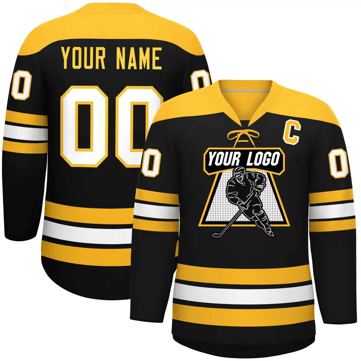 Black Gold White Classic Lace-Up Neck Hockey Jersey