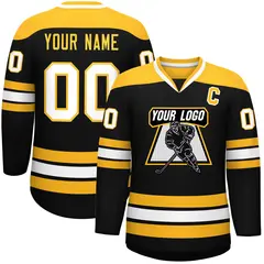 Black Gold-White Classic V-Neck Hockey Jersey