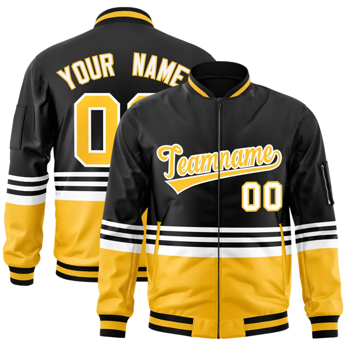 Black Gold-White Color Block Full-Zip Varsity Letterman Jacket