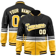 Black Gold-White Color Block Full-Zip Varsity Letterman Jacket