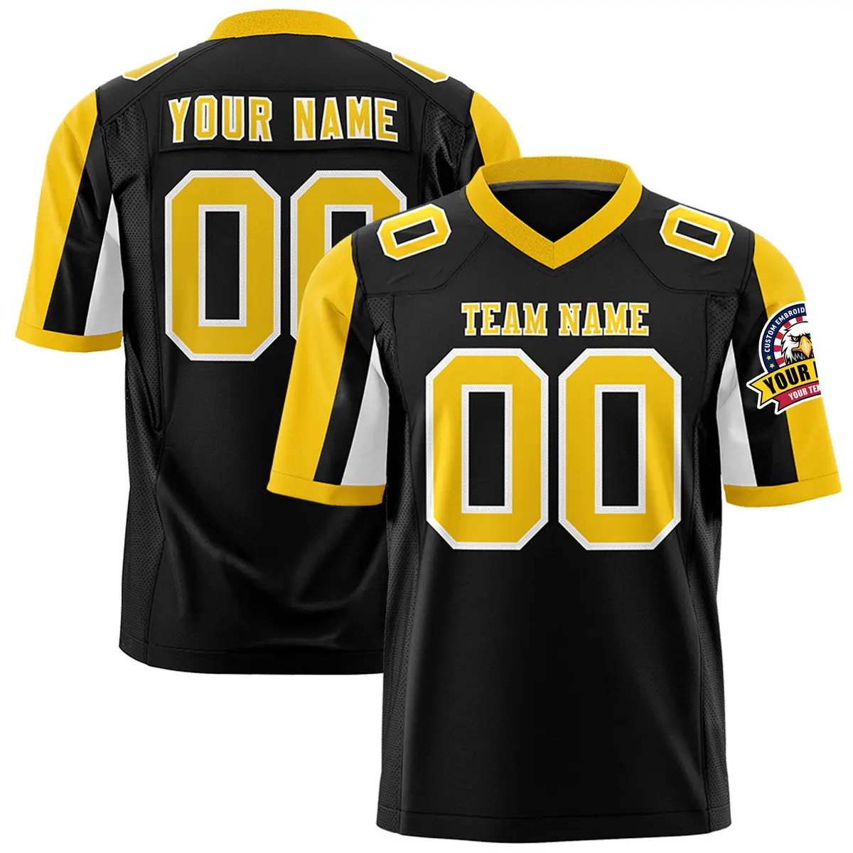 Black Gold-White Color Block Raglan Sleeves Football Jersey