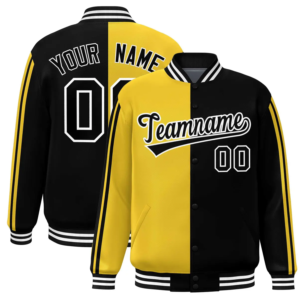Black Gold-White Color Block Varsity Baseball Bomber Jacket