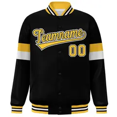 Black Gold-White Color Block Varsity Full-Snap Baseball Jacket 3