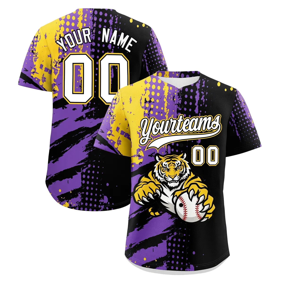 Black Gold White Full-Snap Tiger Graffiti Baseball Jersey