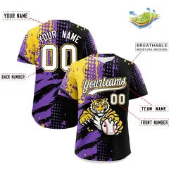 Black Gold White Full-Snap Tiger Graffiti Baseball Jersey 2