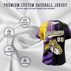 Black Gold White Full-Snap Tiger Graffiti Baseball Jersey 3