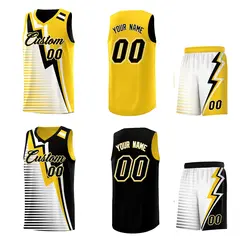 Black Gold White Gradient Lightning Stripes Reversible Basketball Jersey 2