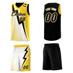 Black Gold White Gradient Lightning Stripes Reversible Basketball Jersey 5