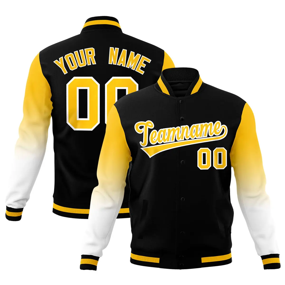 Black Gold White Gradient Varsity Raglan Letterman Jacket