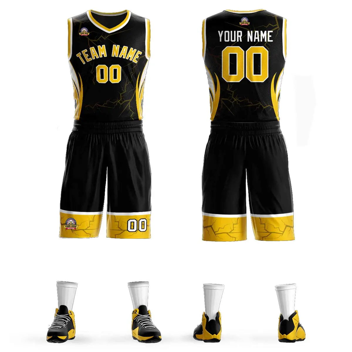 Black Gold White Graffiti Lightning Basketball Jersey