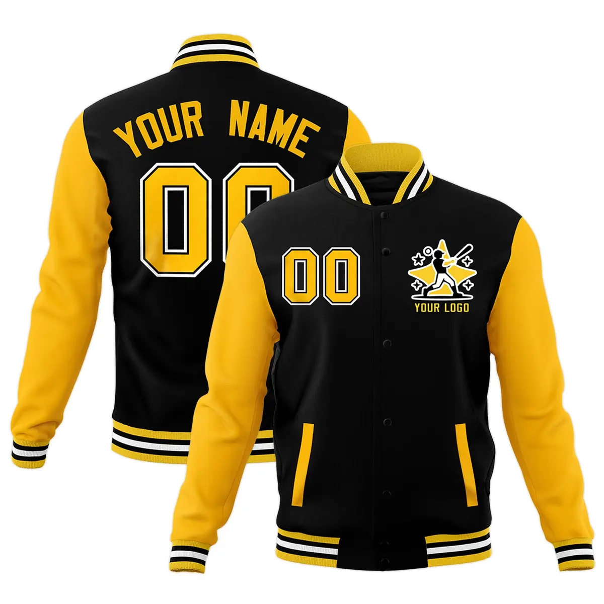 Black Gold White Raglan Sleeves Full-Snap Letterman Cotton Jacket