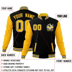 Black Gold White Raglan Sleeves Full-Snap Letterman Cotton Jacket 2