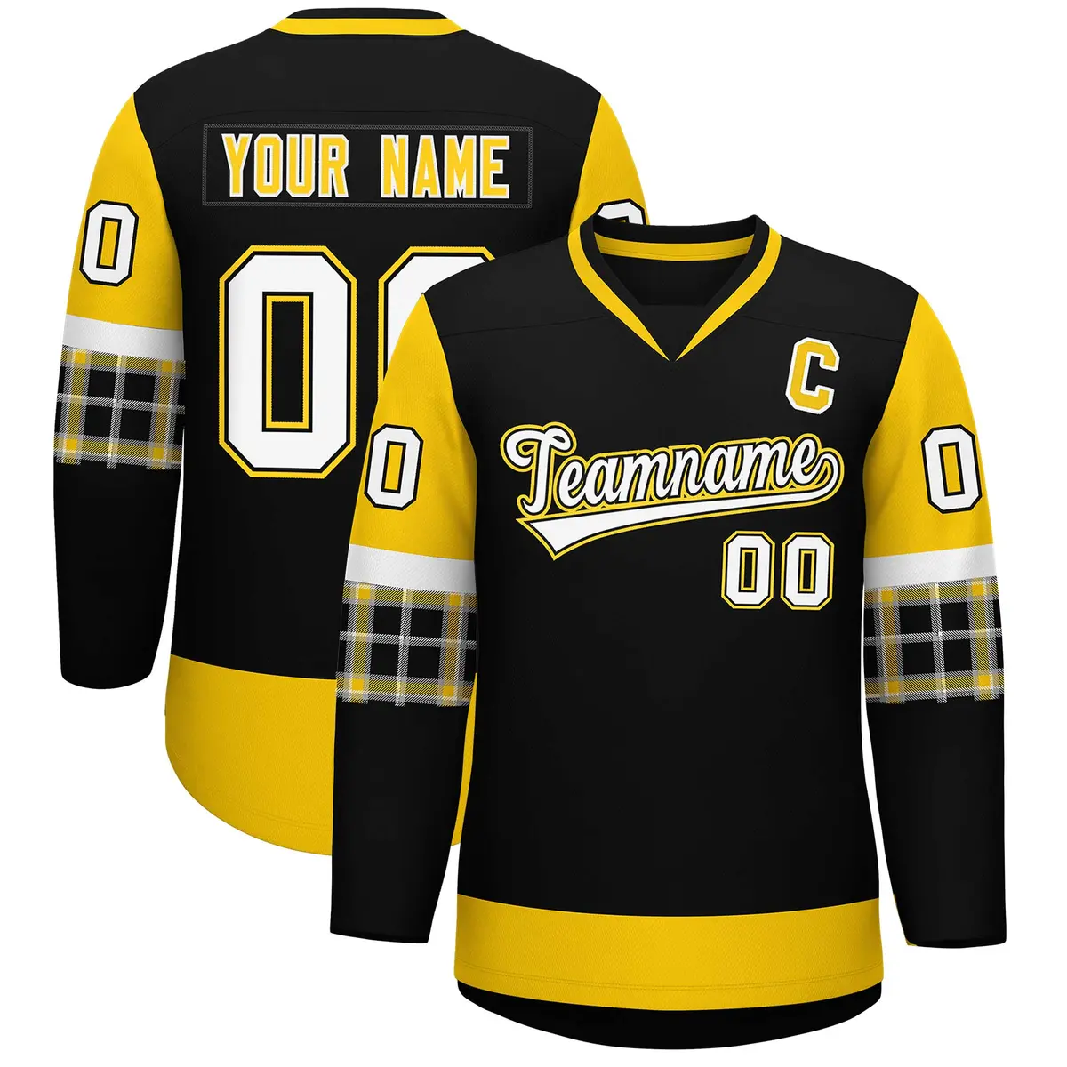 Black Gold-White Raglan Sleeves V-Neck Hockey Jersey