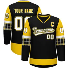 Black Gold-White Raglan Sleeves V-Neck Hockey Jersey