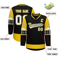 Black Gold-White Raglan Sleeves V-Neck Hockey Jersey 2