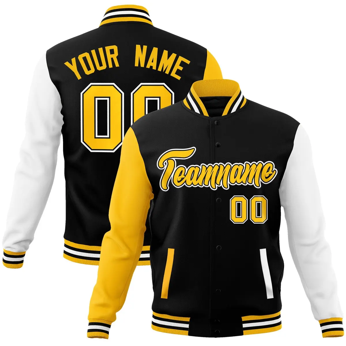 Black Gold-White Raglan Varsity Full-Snap Letterman Baseball Jacket