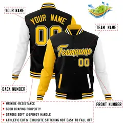 Black Gold-White Raglan Varsity Full-Snap Letterman Baseball Jacket 4