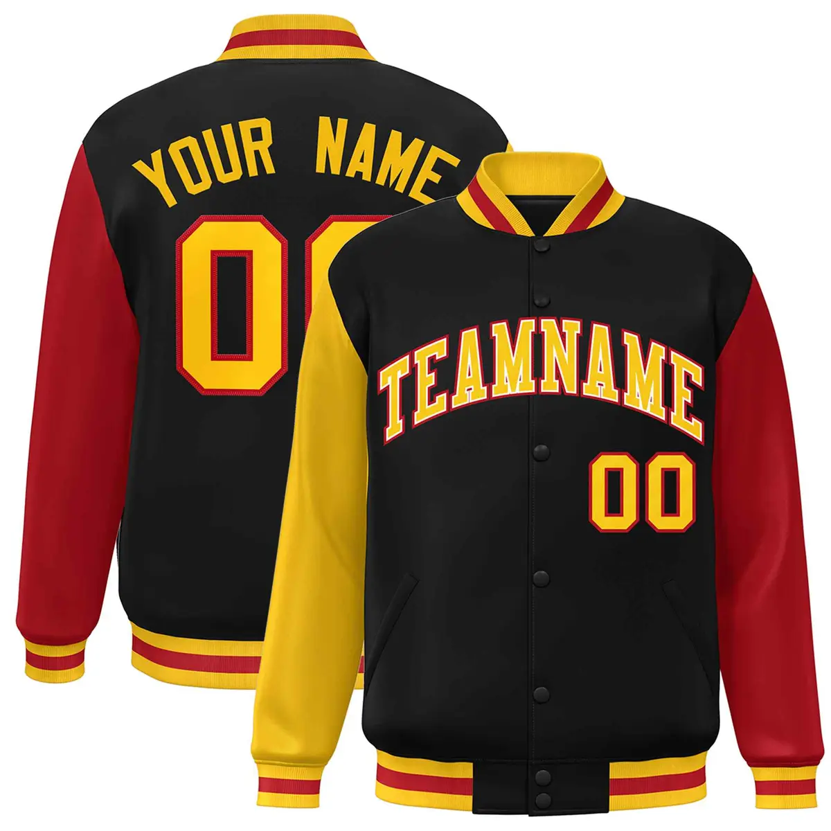 Black Gold-White Raglan Varsity Full-Snap Letterman Jacket