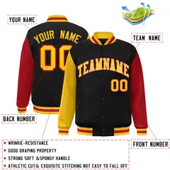 Black Gold-White Raglan Varsity Full-Snap Letterman Jacket 2