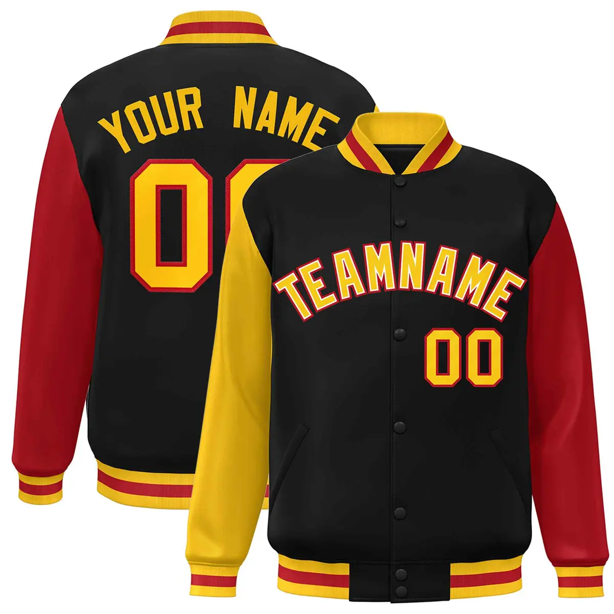 Black Gold-White Raglan Varsity Full-Snap Letterman Jacket