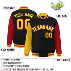 Black Gold-White Raglan Varsity Full-Snap Letterman Jacket 2