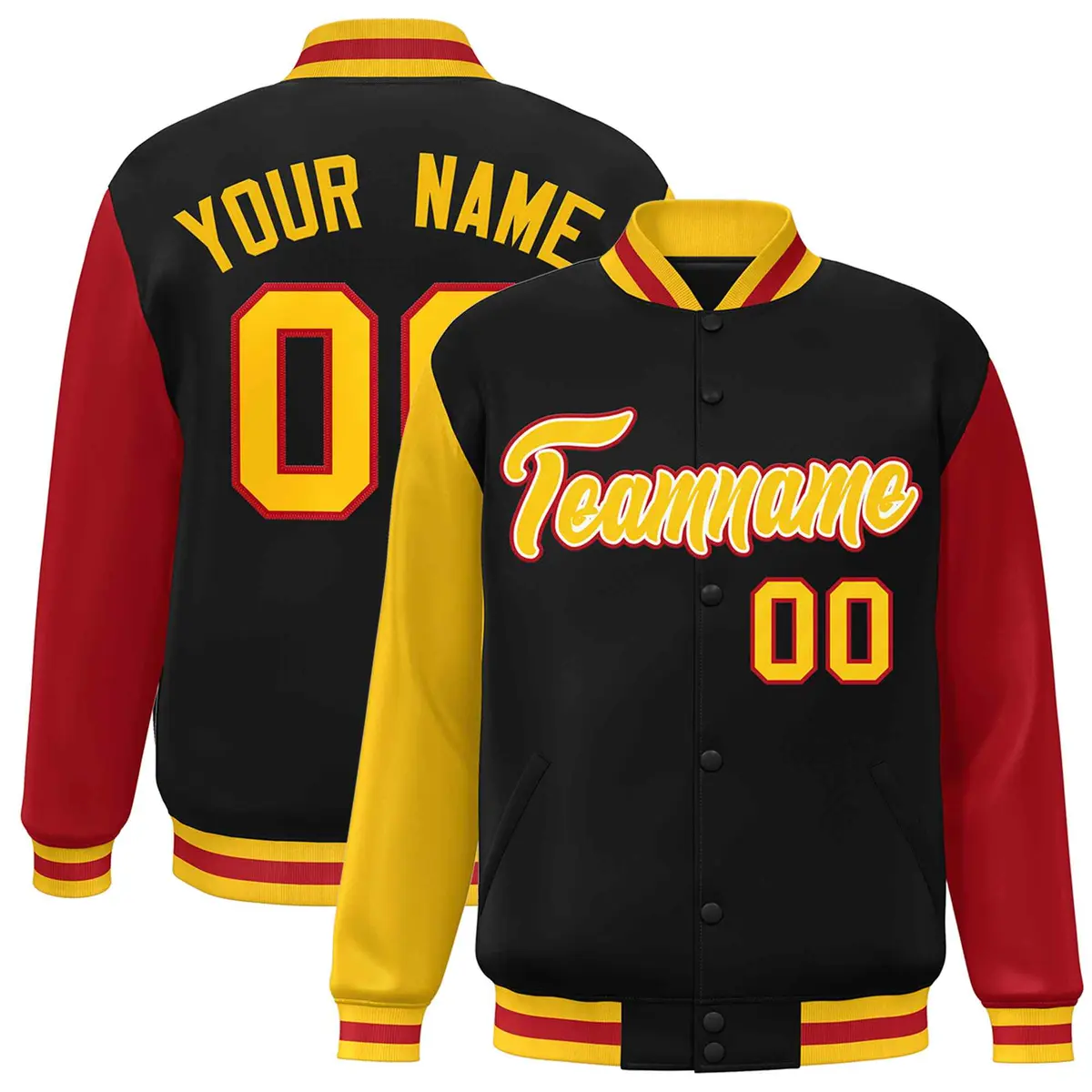 Black Gold-White Raglan Varsity Full-Snap Letterman Jacket