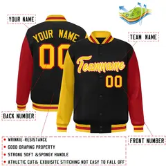 Black Gold-White Raglan Varsity Full-Snap Letterman Jacket 2