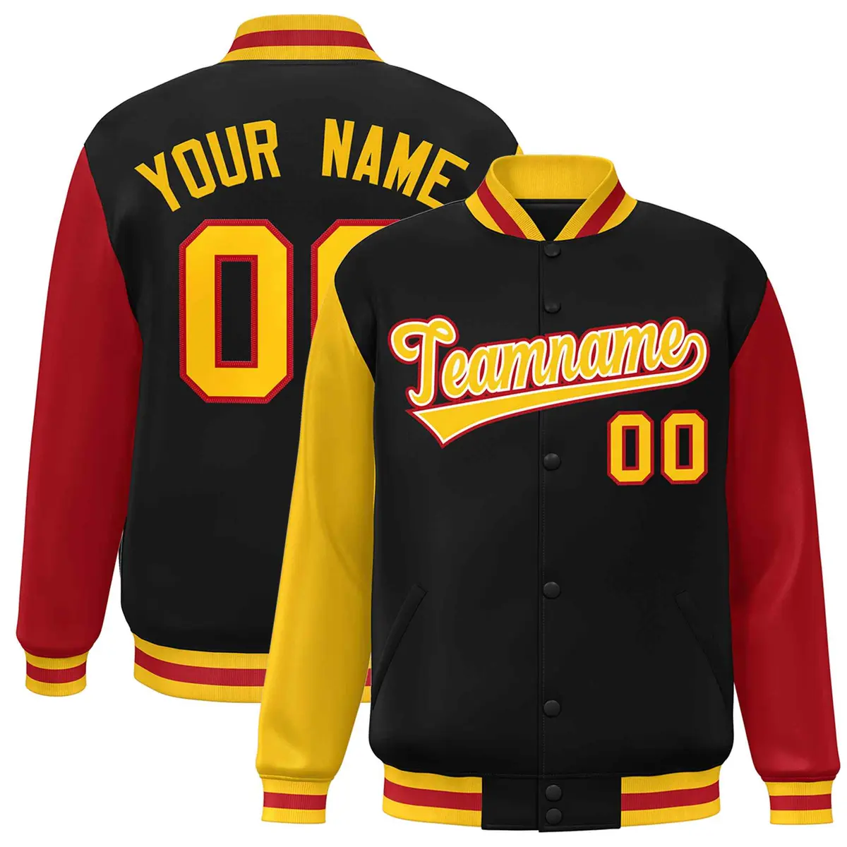 Black Gold-White Raglan Varsity Full-Snap Letterman Jacket