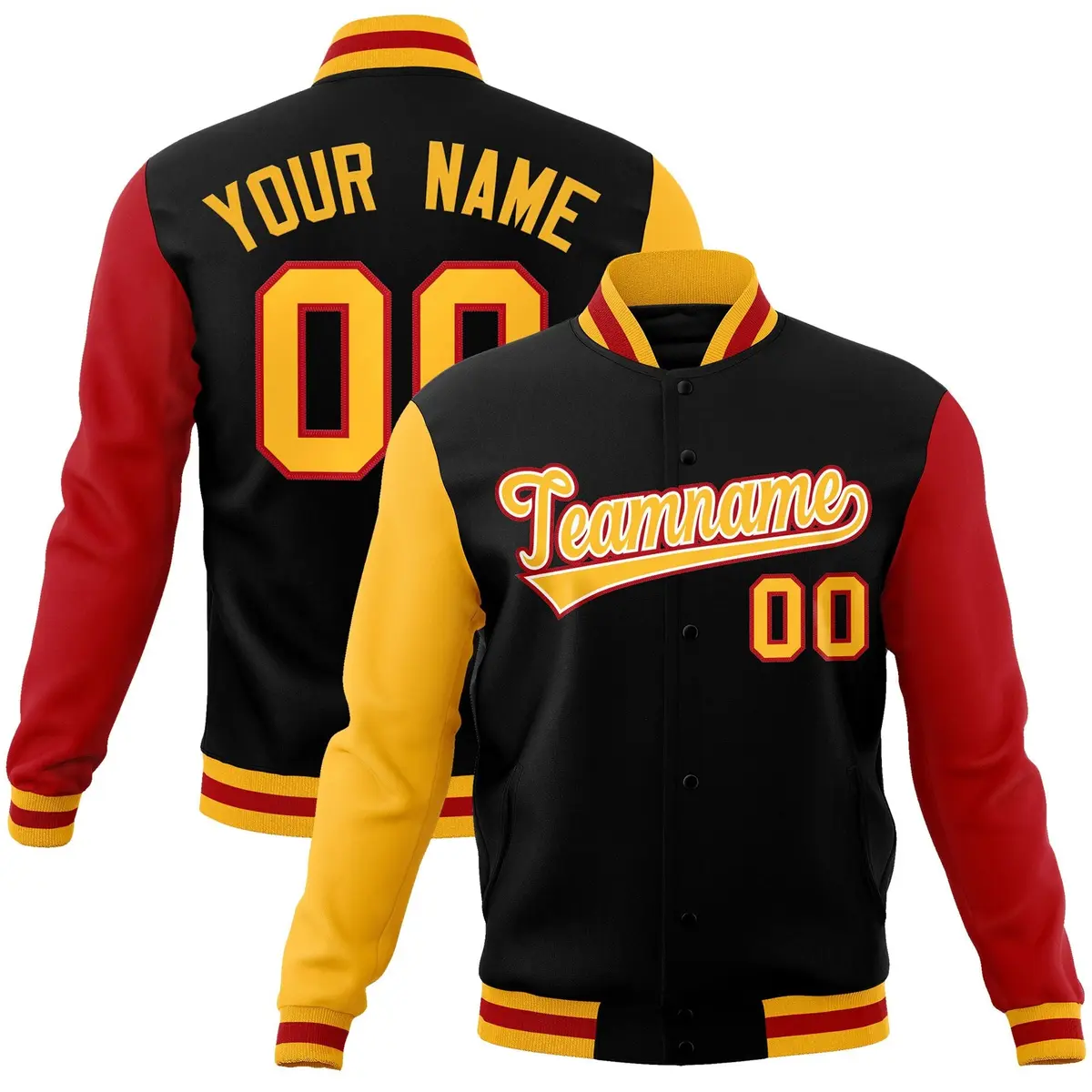 Black Gold-White Raglan Varsity Full-Snap Letterman Jacket