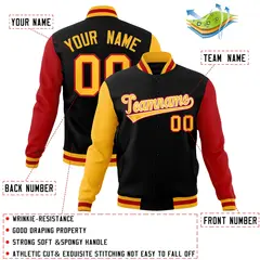 Black Gold-White Raglan Varsity Full-Snap Letterman Jacket 4