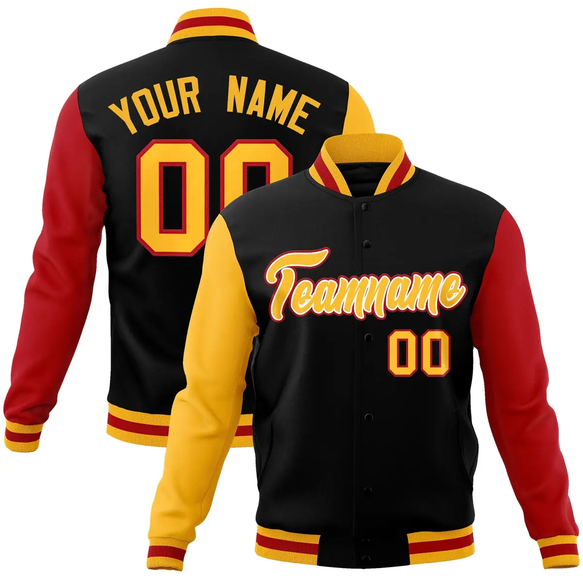 Black Gold-White Raglan Varsity Full-Snap Letterman Jacket