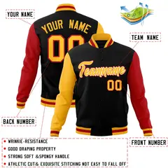 Black Gold-White Raglan Varsity Full-Snap Letterman Jacket 4
