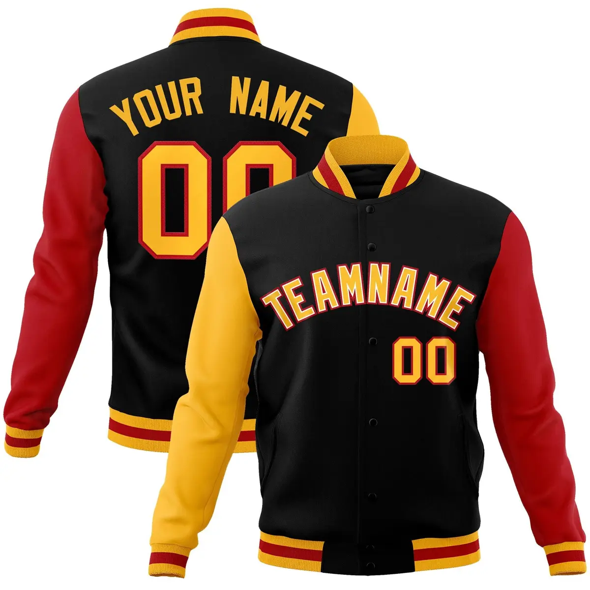 Black Gold-White Raglan Varsity Full-Snap Letterman Jacket