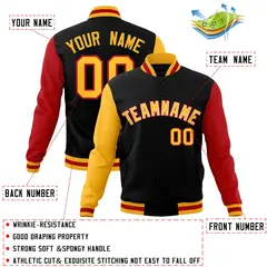 Black Gold-White Raglan Varsity Full-Snap Letterman Jacket 4