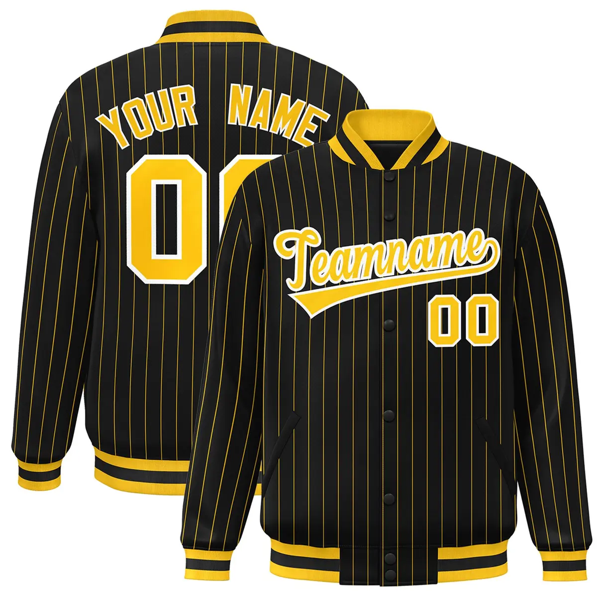 Black Gold White Stripe Letterman Bomber Jacket