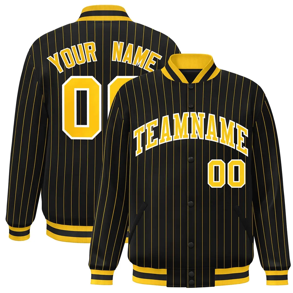 Black Gold-White Stripe Letterman Varsity Bomber Jacket