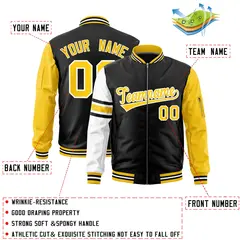 Black Gold-White Stripe Raglan Varsity Full-Zip Letterman Bomber Jacket 2