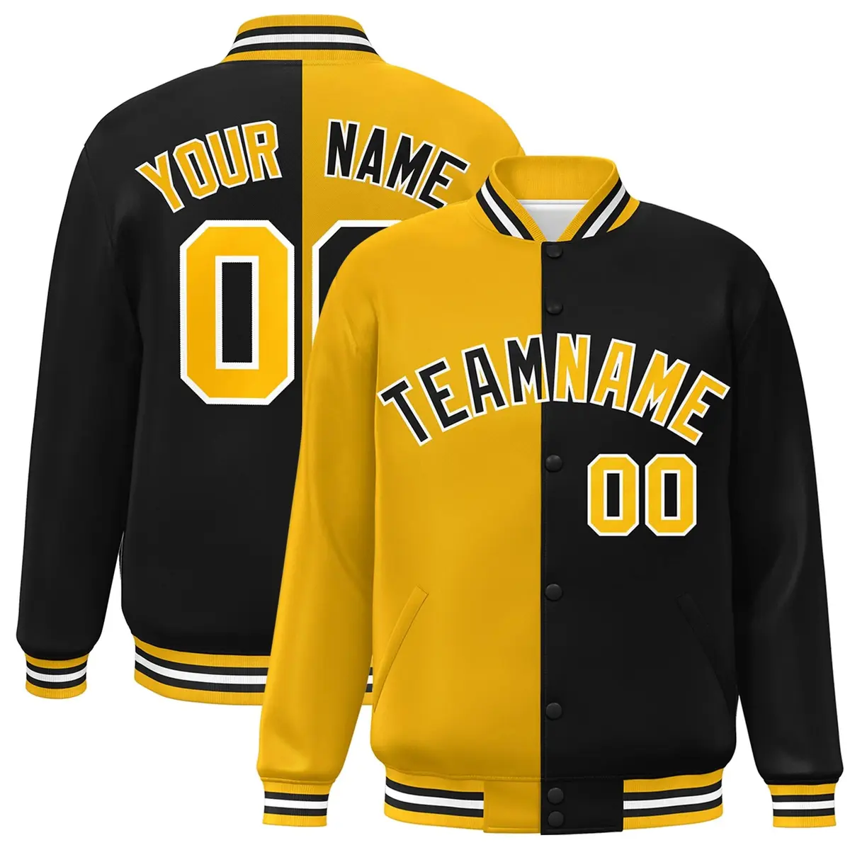 Black Gold-White Two Tone Split Varsity Full-Snap Letterman Jacket
