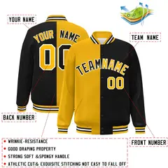 Black Gold-White Two Tone Split Varsity Full-Snap Letterman Jacket 2
